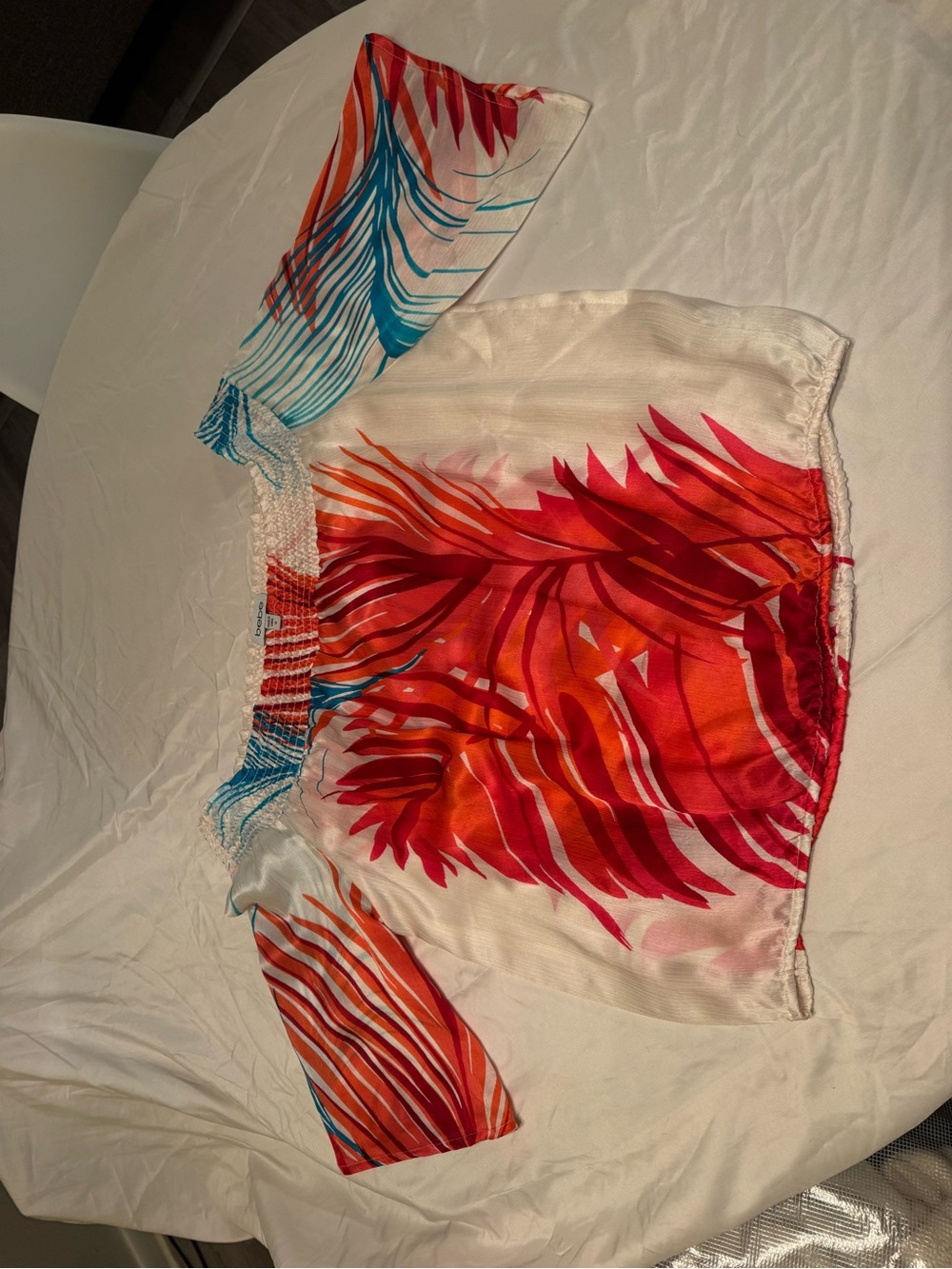 bebe Off-Shoulder Tropical Print Blouse in Red and Teal
